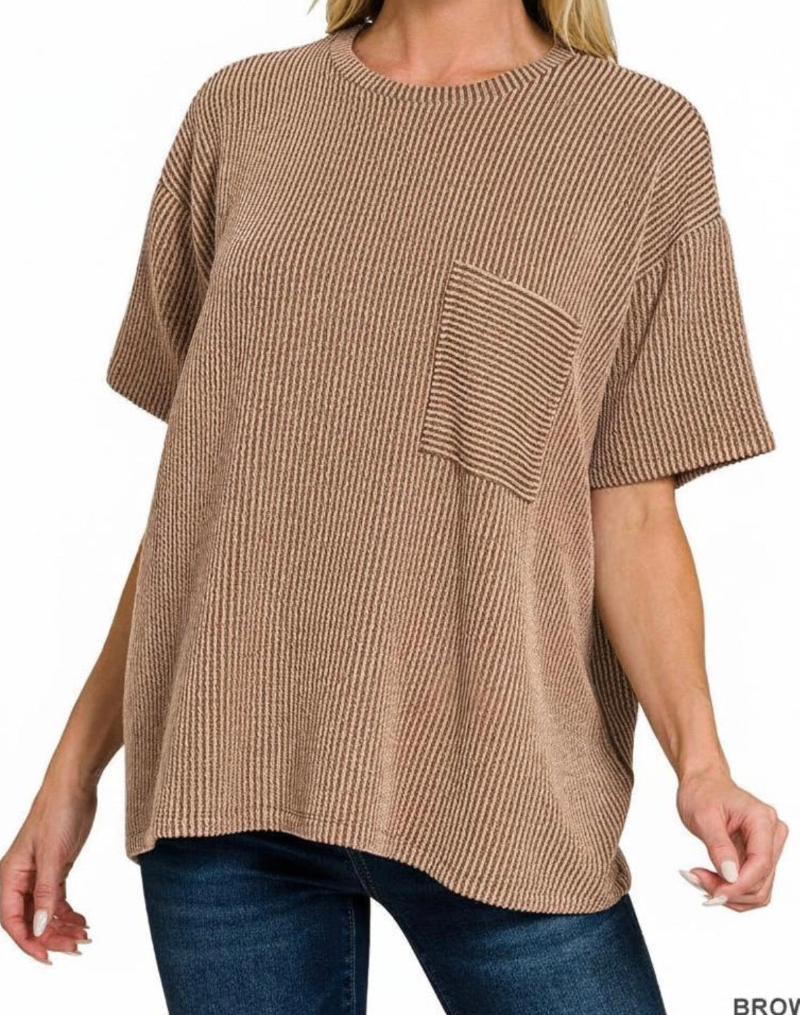zenana-rib-oversized-front-pocket-tee-brown