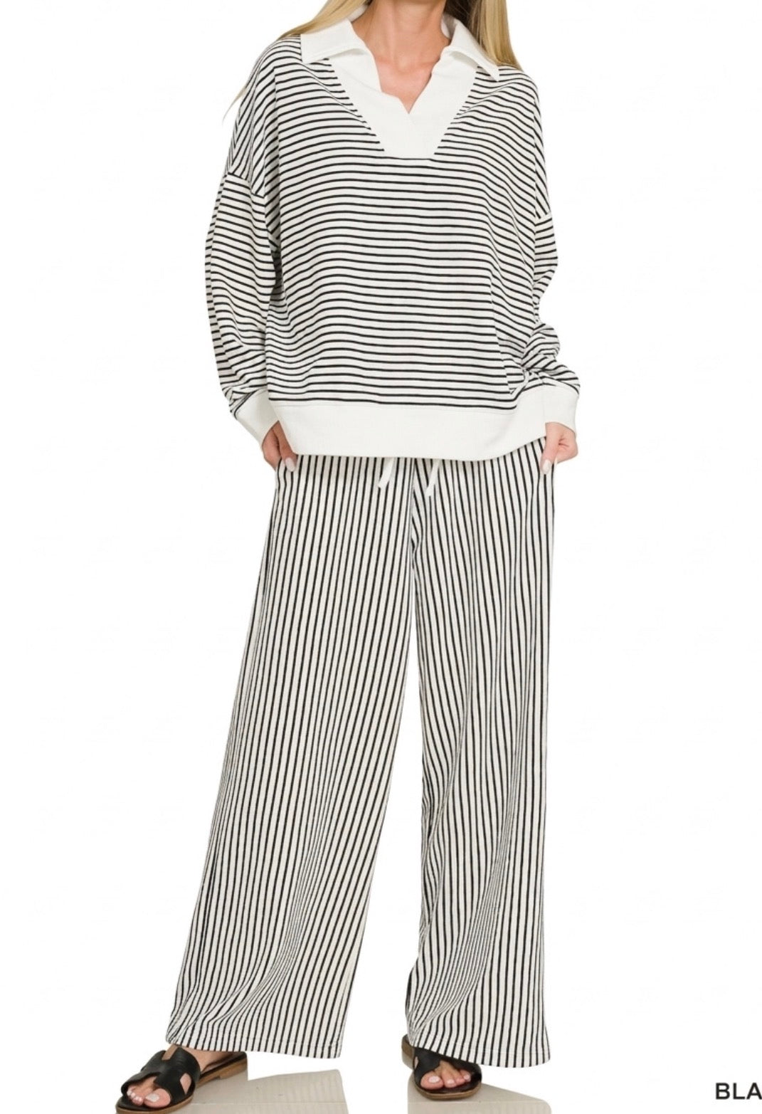 zenana-striped-oversized-collar-top-and-pants-set-black