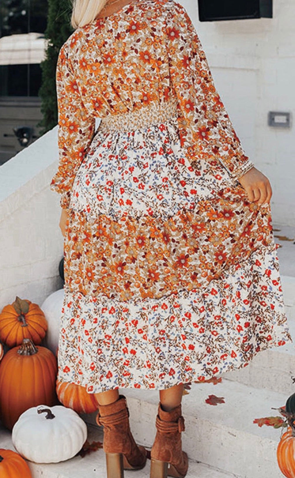 khaki-floral-ruffled-dress