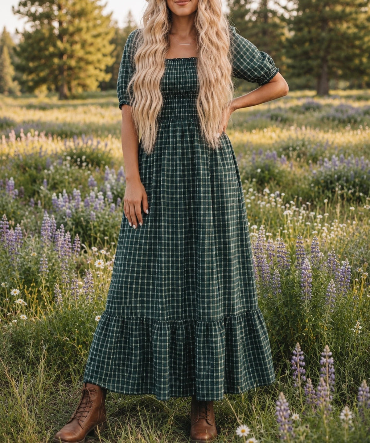 green-plaid-ruffle-dress